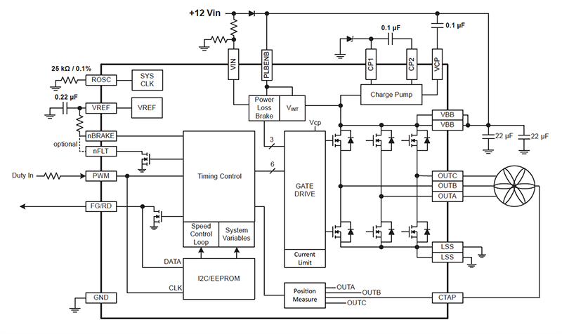 Application Circuit Diagram - Allegro MicroSystems A89331 3-Phase Sensorless Fan Drivers